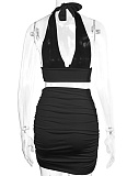 V-Neck Halter Neck Navel-Baring Vest Sexy Pleated Hip Skirt Two-Piece Set