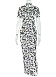 Fashion Print Short Sleeve Slim Fit Sexy Backless Hip Dress