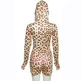 Casual Leopard Print Slim Fit Hooded Zip-Up Top High Waist Shorts Set