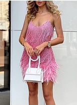 Fashionable Tassel Sequin Sexy V-neck Suspenders Feather Stitching Dress