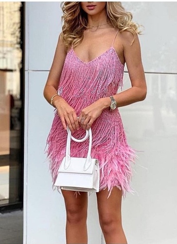 Fashionable Tassel Sequin Sexy V-neck Suspenders Feather Stitching Dress