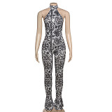 Sexy Backless Halter Neck Printed Slim Fit Hip-hugging Jumpsuit