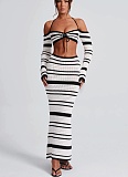 Sexy Striped Long Sleeve Halter Top Skirt Two-Piece Set
