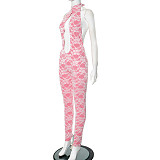 New Hollow Lace Halter Neck straps Large Backless Tight Jumpsuit