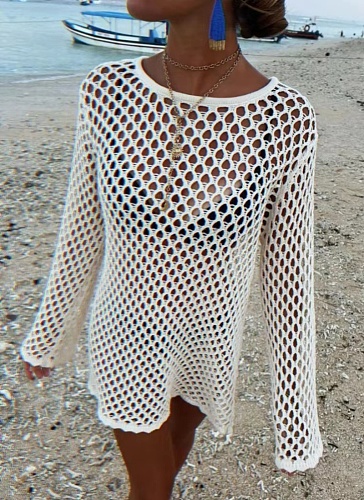 New Hllow Hook Flower Round Neck Pullover Long Sleeve Beach Vacation Blouse