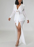 Fashionable Sexy Solid Color Waist Tie Small Suit Long Sleeve Slit Two-piece Suit