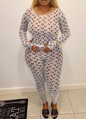Sexy See-Through Round Neck Moon Print Slim Fit Long Sleeve Top and Pants Set