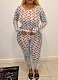 Sexy See-Through Round Neck Moon Print Slim Fit Long Sleeve Top and Pants Set