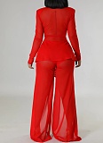 Fashionable Sexy Solid Color Waist Tie Small Suit Long Sleeve Slit Two-piece Suit
