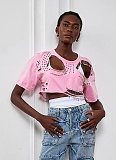 Fashion Round Neck Ripped Pin Design Short T-shirt