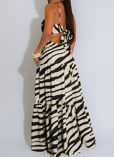 Sexy Printed Suspenders Stitching Large Swing Long Dress