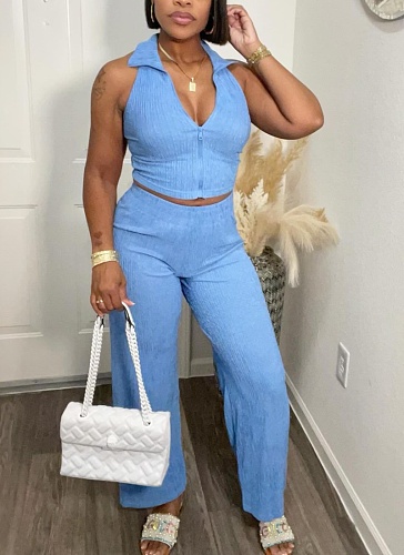 Summer Sleeveless Top Pleated Casual Pants Set