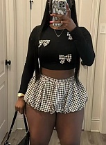 Hot Sale Belly Exposed Elastic Bow Plaid Pants Skirt Suit