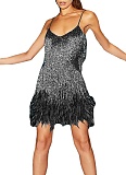Fashionable Tassel Sequin Sexy V-neck Suspenders Feather Stitching Dress