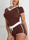 Casual Sports High Elastic Yoga Fabric Striped V-Neck Two-Piece Suit For Women