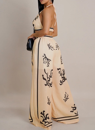 Sexy Halterneck Vest With Printed Wide-Leg Pants Two-Piece Set