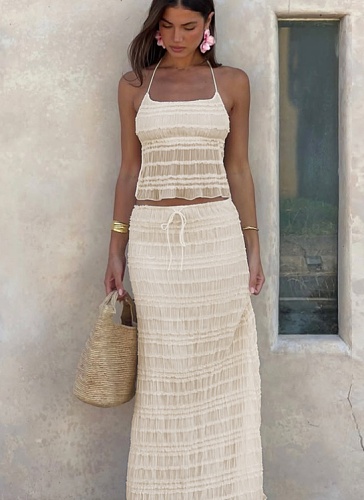 Sexy Halter Neck Backless Chest Wrap Slim Fit Double Layer Strappy Long Skirt Suit