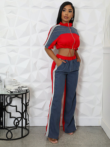 Denim patchwork color stand-up collar zipper top wide-leg pants two-piece set YUEM-3074