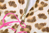 Casual Leopard Print Slim Fit Hooded Zip-Up Top High Waist Shorts Set