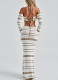 Sexy Striped Long Sleeve Halter Top Skirt Two-Piece Set