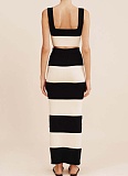 Women's Black and White Knitted Striped Vest Suspenders Knitted Long Skirt Two-piece Suit