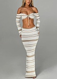 Sexy Striped Long Sleeve Halter Top Skirt Two-Piece Set