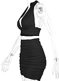 V-Neck Halter Neck Navel-Baring Vest Sexy Pleated Hip Skirt Two-Piece Set
