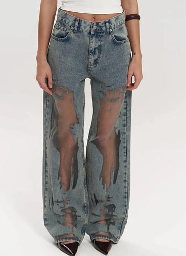 American Retro Straight Pants Hollow Texture Gradient Jeans Loose Wide-Leg Trousers