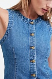 Blue Sleeveless Slim Denim Vest Women's Round Neck Waistcoat