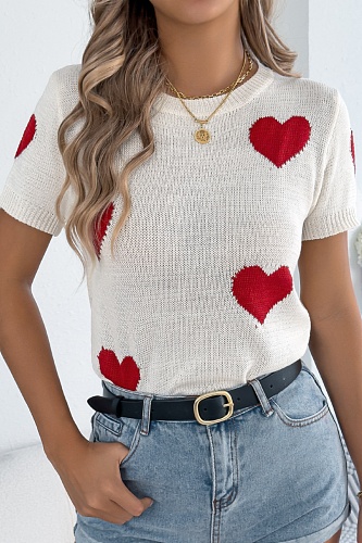 Spring And Summer Casual Contrast Color Heart Short-Sleeved Sweater Valentine'S Day Top