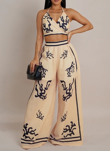 Sexy Halterneck Vest With Printed Wide-Leg Pants Two-Piece Set