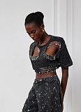 Fashion Round Neck Ripped Pin Design Short T-shirt