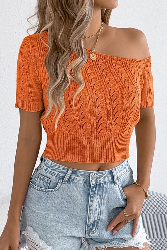 Spring And Summer Casual Off-Shoulder Hollow Short-Sleeved Holiday Knitted Tops For Women