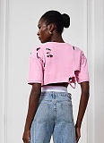 Fashion Round Neck Ripped Pin Design Short T-shirt