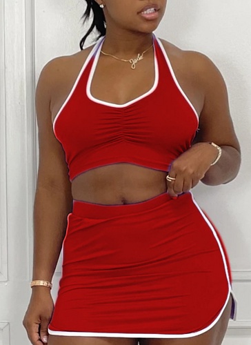 Solid Color Sleeveless Halter Neck Pleated Vest Sports Skirt Two-Piece Set