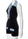 Black New Lapel Denim Stitching Slim Summer Women'S Jumpsuit Shorts