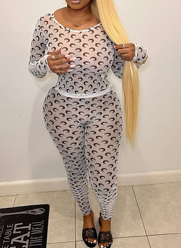 Sexy See-Through Round Neck Moon Print Slim Fit Long Sleeve Top and Pants Set