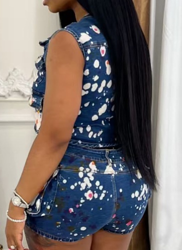 Women'S Multi-Pocket Vest Ink-Splashed Shorts Stretch Denim Two-Piece Suit