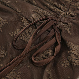 Sexy Lace Stitching See-through Mesh V-neck Vest Pleated Lace-up Dress