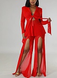 Fashionable Sexy Solid Color Waist Tie Small Suit Long Sleeve Slit Two-piece Suit