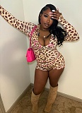 Casual Leopard Print Slim Fit Hooded Zip-Up Top High Waist Shorts Set