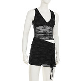 Sexy Lace Stitching See-through Mesh V-neck Vest Pleated Lace-up Dress