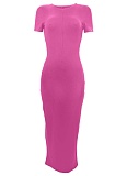 Solid Color Commuter Style O-Neck Short-Sleeved Hip-Wrapped Long Dress