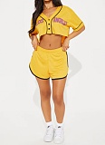 Women's Sports V-Neck Open Button Short Top Elastic Waist Shorts Set