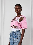 Fashion Round Neck Ripped Pin Design Short T-shirt