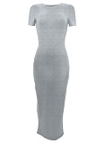 Solid Color Commuter Style O-Neck Short-Sleeved Hip-Wrapped Long Dress