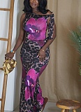 Fashion Slim Fit Printed Slant Neck Lace-up Short Top Hip-wrapped Long Skirt Set