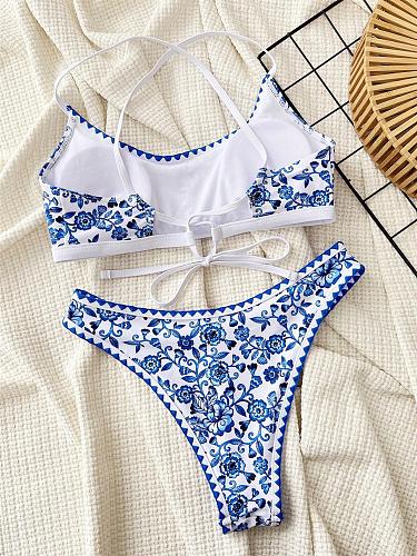 Sexy Trendy Printed Halter Neck Suspender Bikini Set