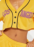Women's Sports V-Neck Open Button Short Top Elastic Waist Shorts Set