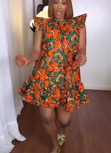 2025 Summer Printed Flying Sleeve Loose Short Dress